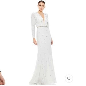 Mac Duggal BELTED JEWEL ENCRUSTED PLUNGE NECK LONG SLEEVE GOWN Size 12